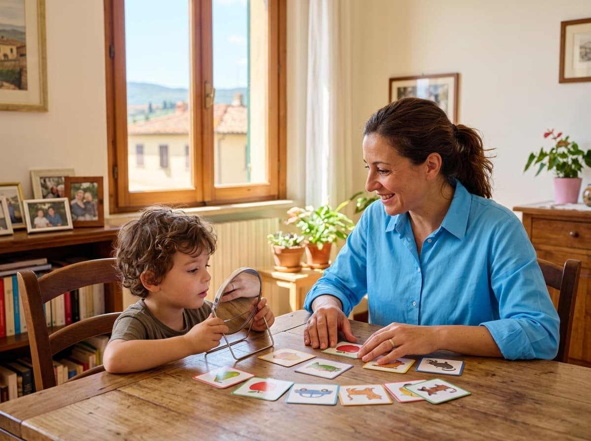 Immagine illustrativa: una professionista gioca con carte illustrate e uno specchietto insieme a un bambino, al tavolo di casa.