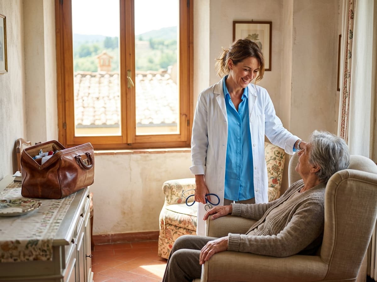Immagine illustrativa: una professionista in camice sorride a una signora anziana seduta in poltrona, con la borsa da visita appoggiata sul como.