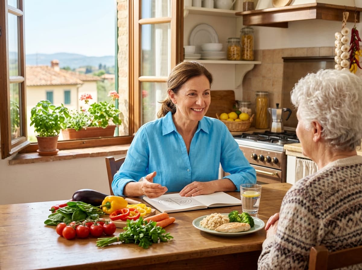 Immagine illustrativa: una professionista parla con una signora anziana al tavolo di cucina, fra verdure fresche e un piatto pronto.