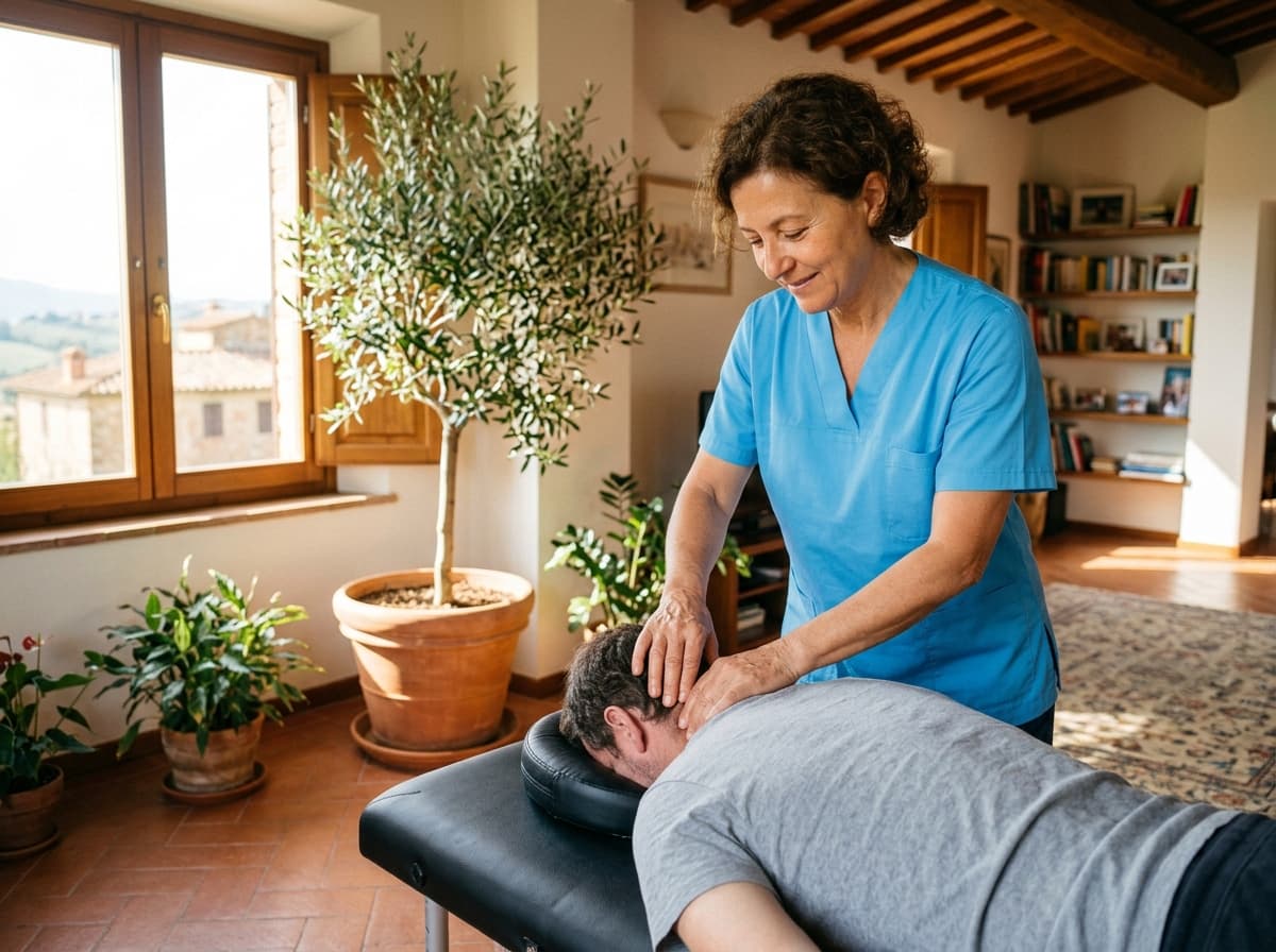 Immagine illustrativa: una professionista lavora con le mani sul collo di un uomo disteso su un lettino portatile in soggiorno.