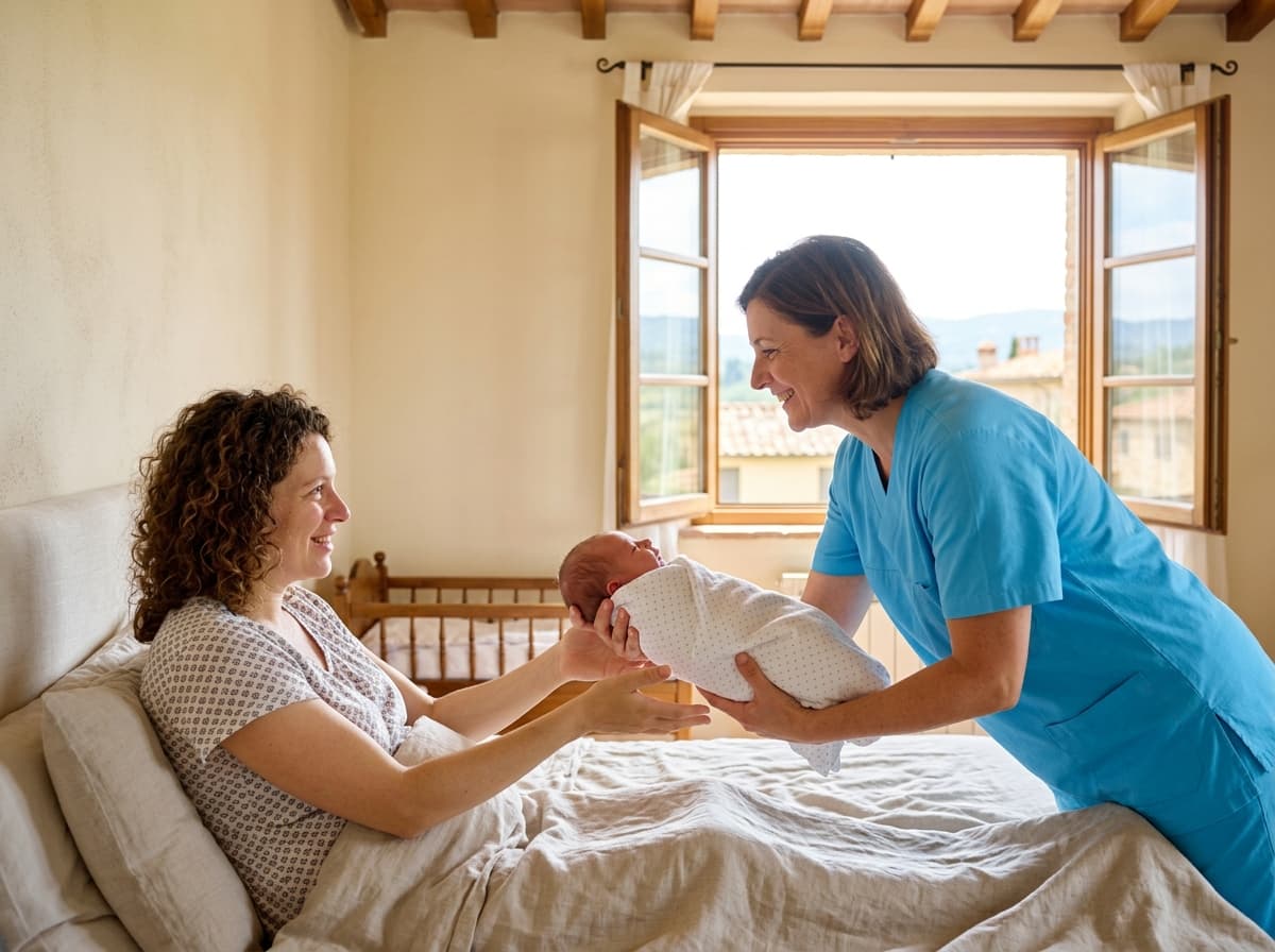 Immagine illustrativa: una professionista porge un neonato avvolto nella copertina alla mamma, distesa nel letto di casa.