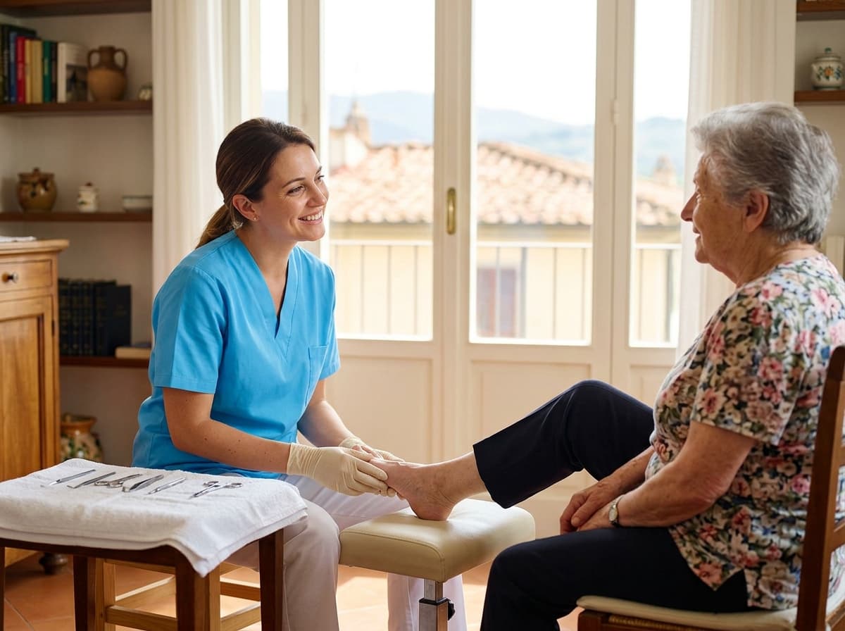 Immagine illustrativa: una professionista con i guanti si prende cura del piede di una signora anziana, appoggiato su uno sgabello.