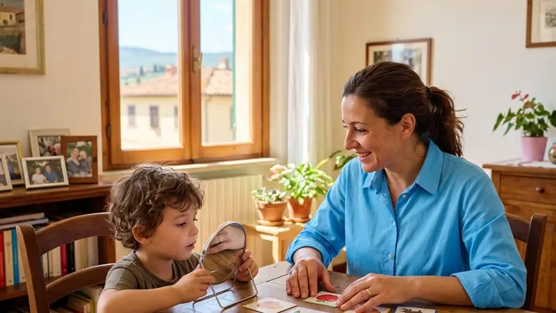 Logopedista al tavolo con un bambino che tiene uno specchietto, fra carte illustrate sparse