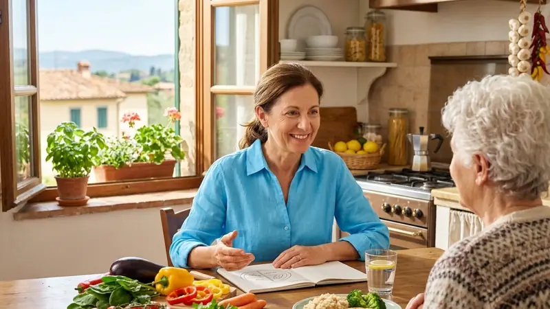 Nutrizionista con un quaderno aperto parla con una signora al tavolo di cucina, fra verdure fresche e un piatto