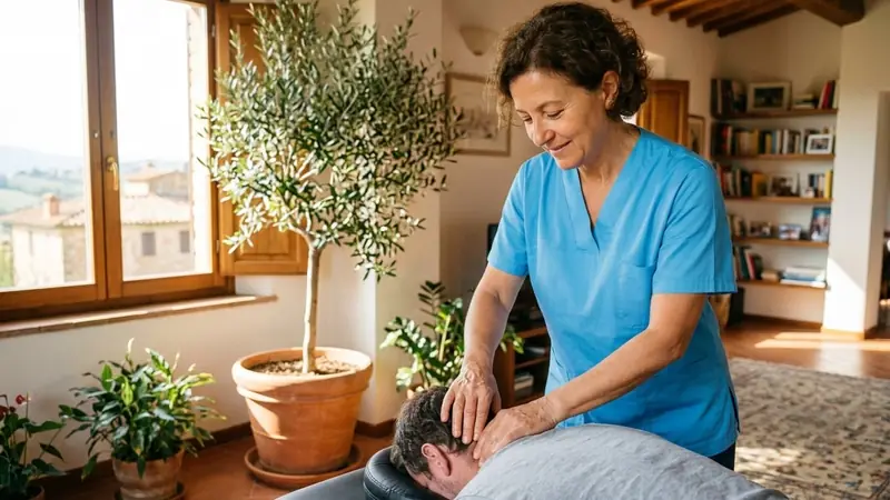 Osteopata in divisa azzurra tratta il collo di un uomo disteso sul lettino, in una stanza luminosa