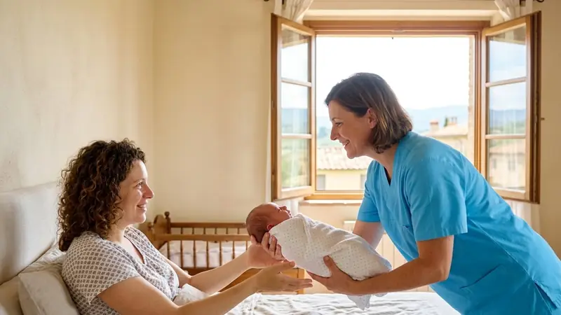 Ostetrica in divisa azzurra porge un neonato avvolto in un telo alla mamma distesa sul letto